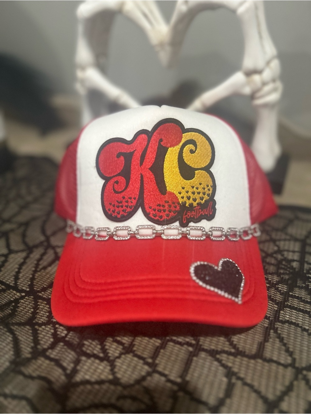 Red KC Football Trucker Hat with Heart Accent